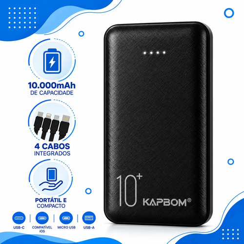 Power Bank 10000mah Carregador Portátil 4 Cabos Integrados Visor Digital Lanterna Led Usb Tipo C Compatível iPhone Samsung Xiaomi Android...
