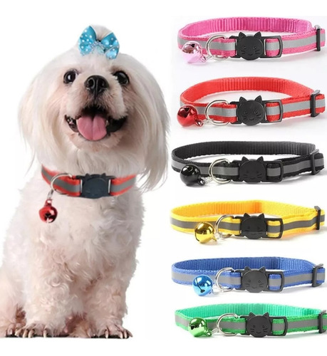 Collar Broche Reflectivo Gatos Perro Ajustable Cascabel Color Rojo Liso