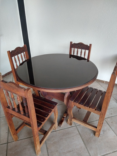 Juego De Comedor Rústico, Mesa Con Vidrio, 4 Puestos