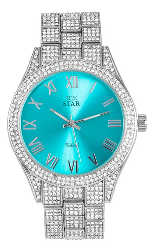 Reloj De Diamantes Con Esfera Romana Azul Verdoso Para Hombr