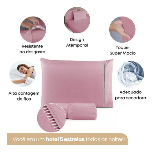 Lençol Solteiro Padrão Com Fronha Ponto Palito 400 Fios Toque Suave Macio C/ Elástico 2 Peças Rose