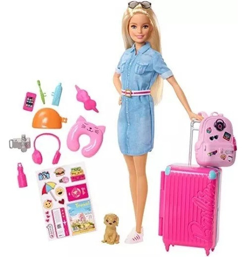 Muñeca Barbie Viajera C/ Mascota Y Accesorios Mattel Fwv25