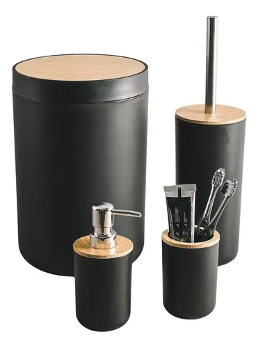 Kit Banheiro Completo Lixeira Porta Escova Sabonete Bambu