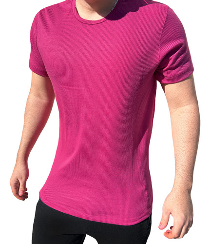 Camiseta Malha Canelada Slim Fit Manga Curta Masculina Rosa