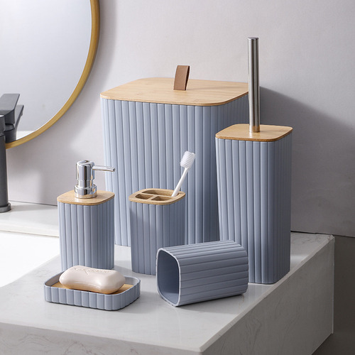 Juego Baño Bambu Plastico X6 Cesto Dispenser Escobilla Jabon Gris Oscuro