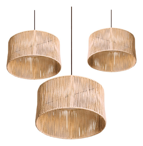 Kit 3 Lustre Pendente Rústico Sisal Luminária Grande Com Fio Estrutura Natural 110 220v