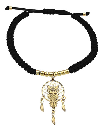 Pulsera Bolitas Atrapasueños Buho Plata 925 Baño Oro 24k N