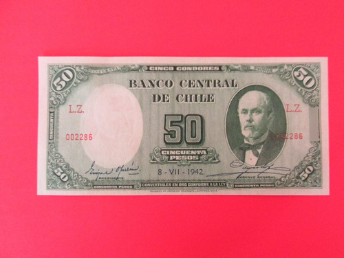Billete Chile 50 Pesos Oyarzun-meyerholz Año 1942 Unc Escaso