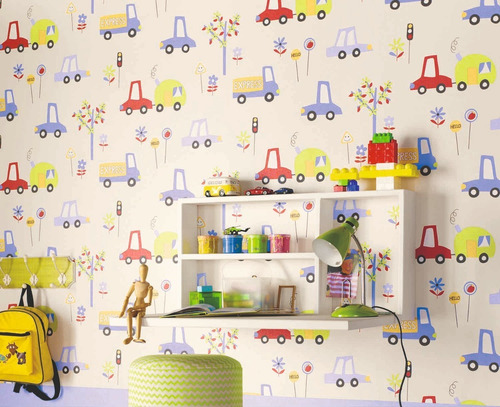 Imagen 2 de 4 de Papel Tapiz Infantil Fondo Beige Carritos Rojos Y Azules