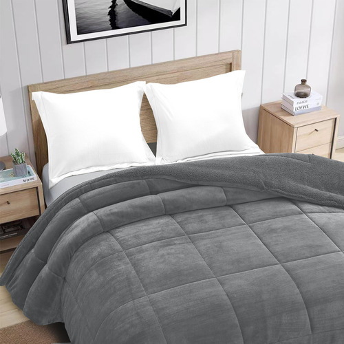 Edredón Flannel Corderito Twin Size 220x160 Cm Kavanagh Color Gris Oscuro Diseño De La Tela Lisa