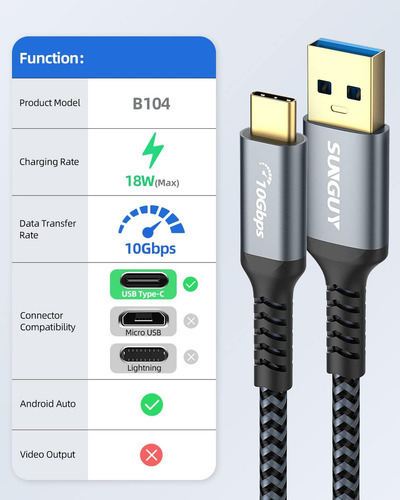 Cable Sunguy Usb C Android Auto De 1 Pie, Usb C A Usb 3.1