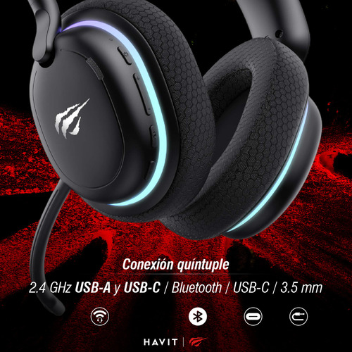 Auriculares Gamer Havit Fuxi-h7 2.4GHz Bluetooth USB 3.5mm Color Negro