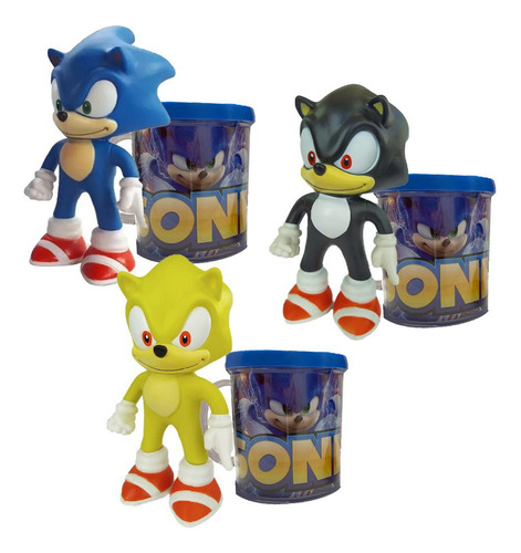 Sonic Azul, Preto E Amarelo- Kit Com 3 Bonecos + Canecas