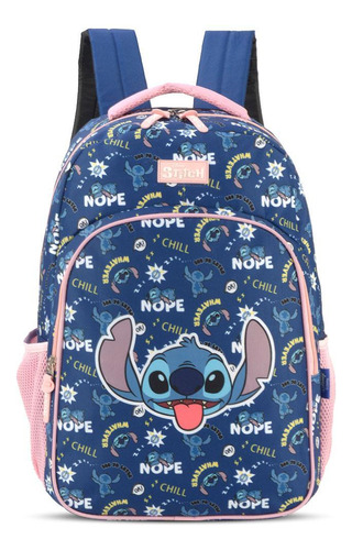 Mochila Escolar Disney Stitch Jeans Rosa 44x30x13cm