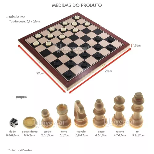 Jogo De Xadrez Dobrável Dama + Gamão Tabuleiro Madeira 29x29