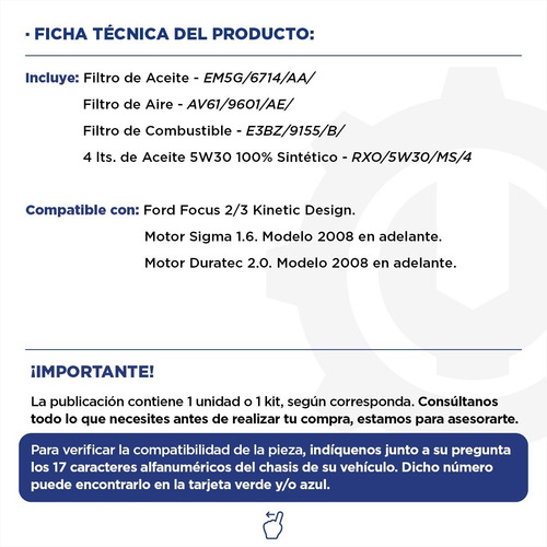 Imagen 2 de 10 de Kit 3 Filtros Ford Focus + Aceite Sintético Motorcraft 5w30