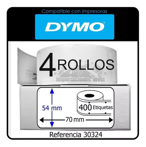 4 Rollos  Etiquetas Adhesivas Para Dymo 450 Ref 30324 70x54m