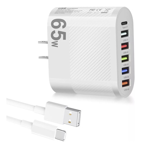 Cargador Usb 65 W Carga Rápida 5 Usb A + 1 Usb C