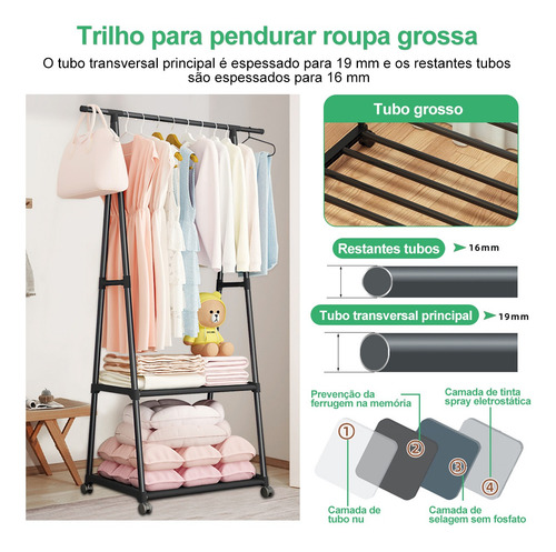 Arara Cabideiro Para Aço Com Sapateira Compacta Closet Preto