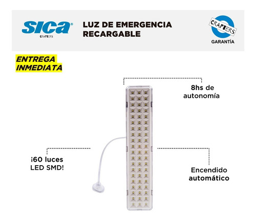 Imagen 2 de 7 de Luz De Emergencia Sica - Led Recargable - 8hs De Autonomía