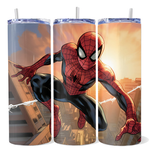 Termo Hombre Araña Spider Man Marvel 600ml Popote Cepillo M7