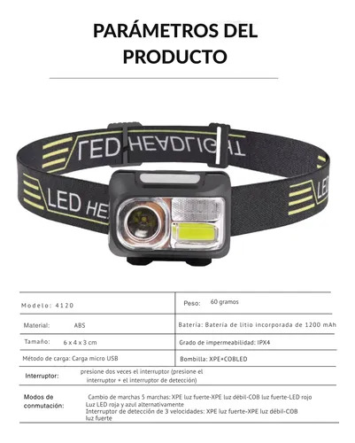 Linterna Frontal Cabeza Con Sensor 400lm Usb 4120 Headlight Blanco Negro