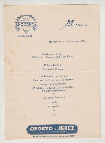 1933 Menu Del Dia Del Hotel Nogaro Buenos Aires Vintage Raro
