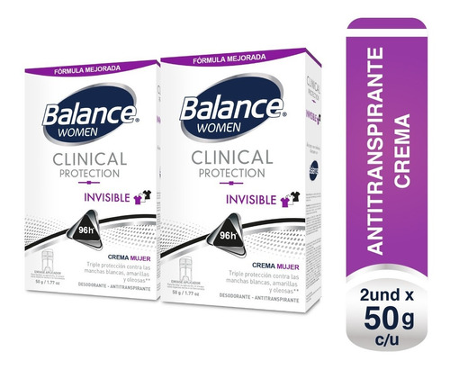 Imagen 1 de 4 de Desodorante Balance Crema Clinical Invisible Mujer 2 X 50 Gr