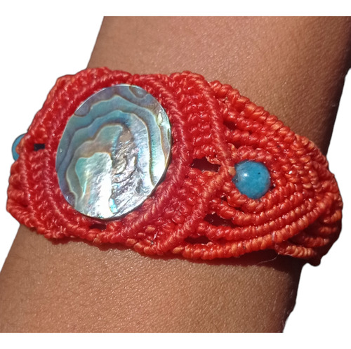 Pulsera Macramé Con Haliotis Abalon Y Apatita Iridiscencte, Celeste 5 Cm 34 Cm