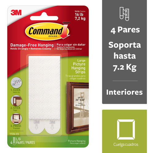 Tiras Para Colgar Cuadros 3m Command 4 Pares Grandes Paredes