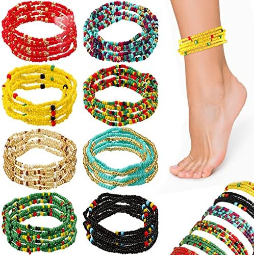 8 Tobilleras Con Cuentas Para Mujer, Hechas A Mano, Multicol