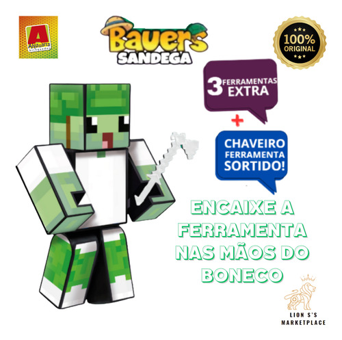 Boneco Minecraft Sandega Bauers15cm Chaveiro+ferramenta+jogo