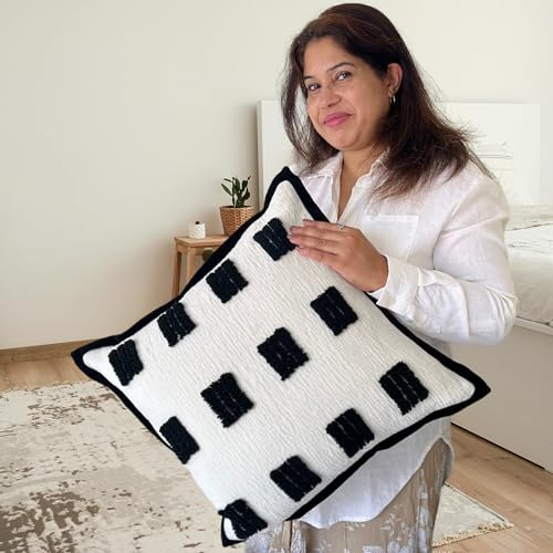 Funda De Cojín Decorativo Boho Negro Y Blanco Con Mechones,
