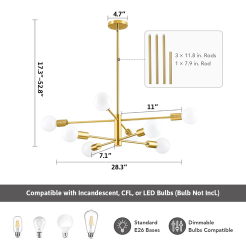 Lámpara De Techo Dorada De 8 Luces Con Enchufe E26