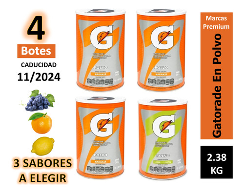 4 Gatorade En Polvo Sabores Naranja, Lima-limon O Uva 2.38kg