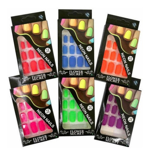 Uñas Postizas Colores Flúor Semi Cuadradas Pack X6 Surtidos