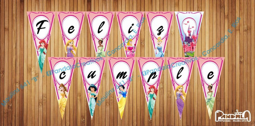 Princesas Disney Banderines Feliz Cumple