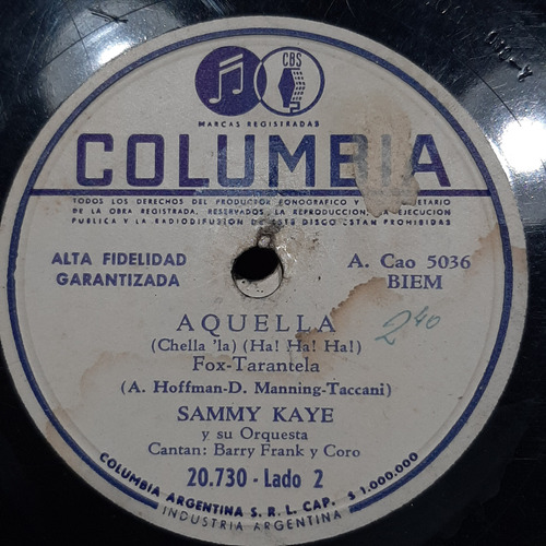 Pasta Sammy Kaye Orq Barry Frank The Kaydets Columbia C515