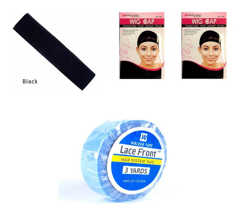 Kit 1 Faixa Hair Grip + 2 Wig Cap Touca Fina + 1 Fita Azul