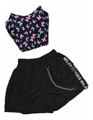 Conjunto Short Cargo Negro Con Cadena Y Top Corset Lycra