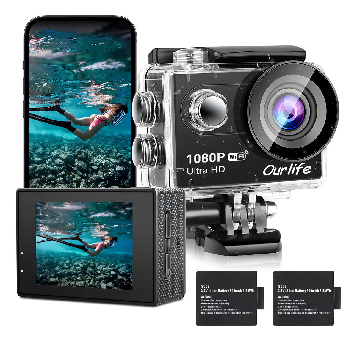 Cámara De Acción Ourlife G208 Full HD 1080p Sumergible 30m WiFi Con 2 Baterías y Accesorios Para Casco y Bicicleta