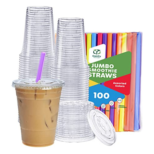 [100 Sets 16 Oz. Crystal Clear Plastic Cups With Flat L...