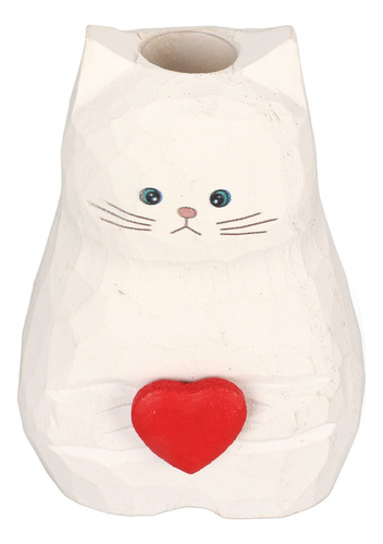 Jarrón De Madera Hecho A Mano Con Forma De Gato, Flor Blanca