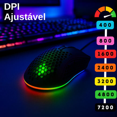 Mouse Gamer Colmeia Ultraleve Macro Iluminação Led Rgb 7200 Dpi Ajustavél 60 Ips 7 Botões Programaveis Para Computador Notebook Digital Iformática