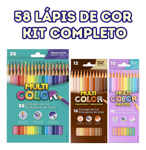 Kit Lápis Multicolor 36 Cores + 12 Tons Pele + 10 Pastel 36 Coloridos. 12 Tons De Pele E 10 Tons Pastéis