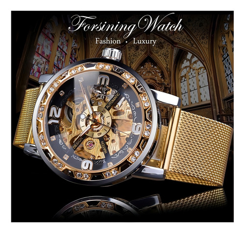 Relojes de pulsera mecánicos Forsining 1201 Skeleton, color de fondo dorado