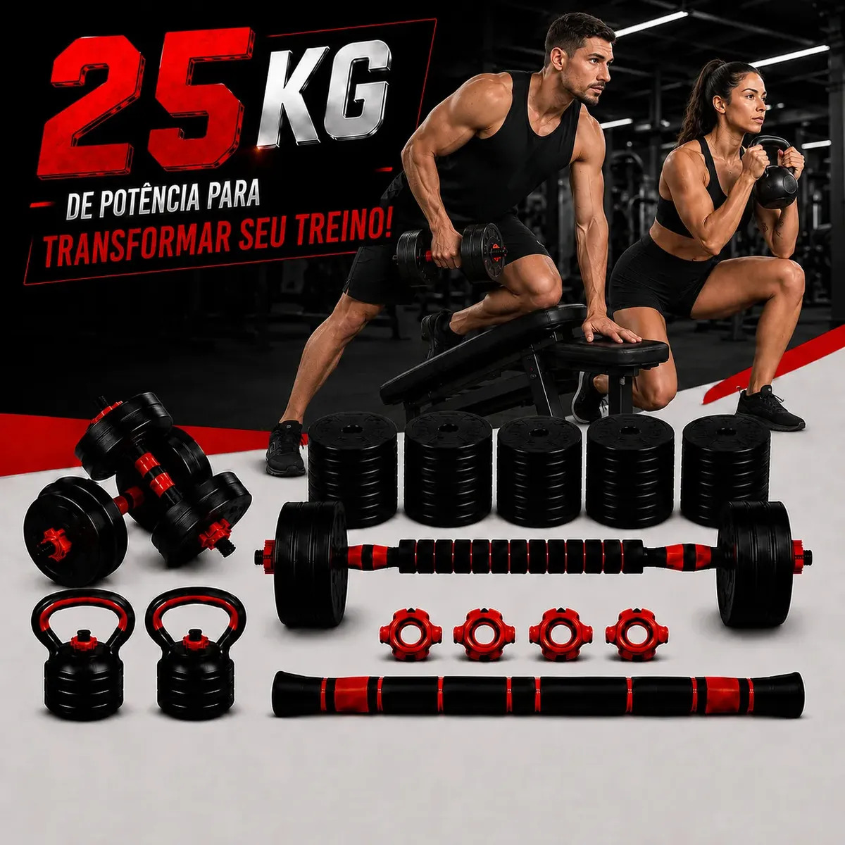 Kit Halteres 25kg Barra Anilhas Musculação Kettlebell Ajustaveis Peso Academia Fit Treino Em Casa Emborrachado Kit Completo Ajustavel Halter Preto Anilha Barras Fitness Regulavel Musculacao Dumbbel