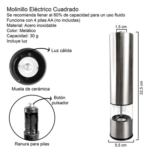 Molinillo Pimentero Electrico Moledor Inalambrico Acero Bz3 Color Cuadrado Plateado Rj3045