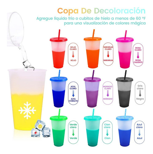 Vasos Magicos Cambian De Color Con Tapa Y Popote 710ml 10pzs
