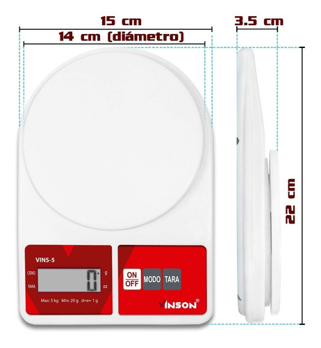Báscula Digital Cocina Vinson, 5 Kg / 1g De Precisión